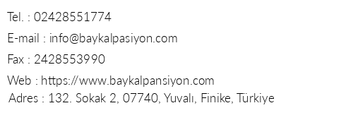 Baykal Pansiyon telefon numaralar, faks, e-mail, posta adresi ve iletiim bilgileri